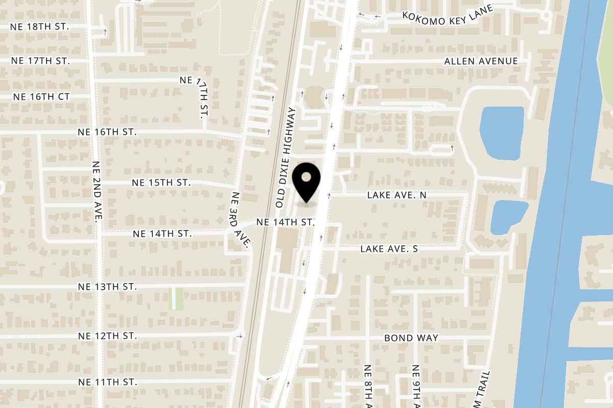 Map showing the location of Rossanos pizzas on 1402 N Federal Hwy #13 in Delray Beach